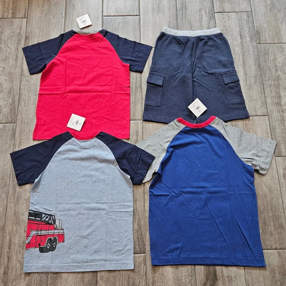 Hanna Andersson T-Shirt Shorts Set of 4 Kids 130 8 Train Plane Fire Truck School